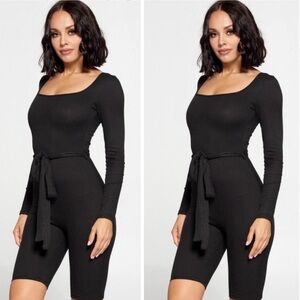 Black Ribbed Belted Romper